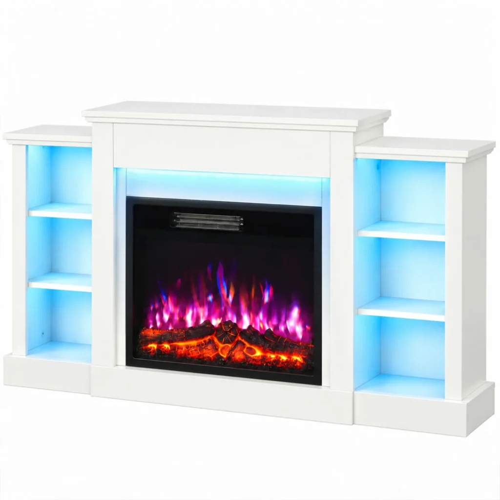Meuble TV avec cheminée électrique 1800 W – Jusqu'à 65 pouces, 6 étagères et LED RGB – Blanc et marron