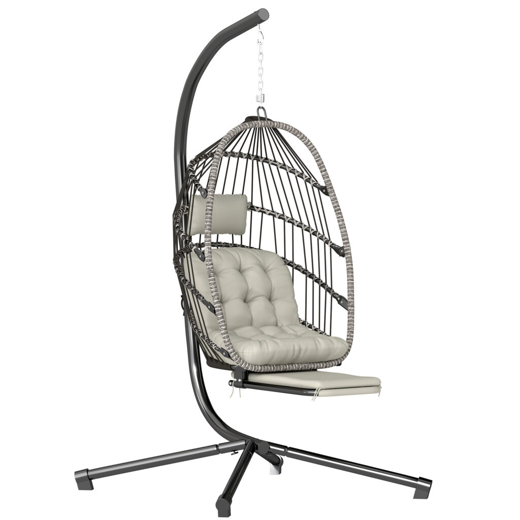 Fauteuil Œuf Suspendu sur Pied Pliable avec Repose-Pieds – Gris Clair