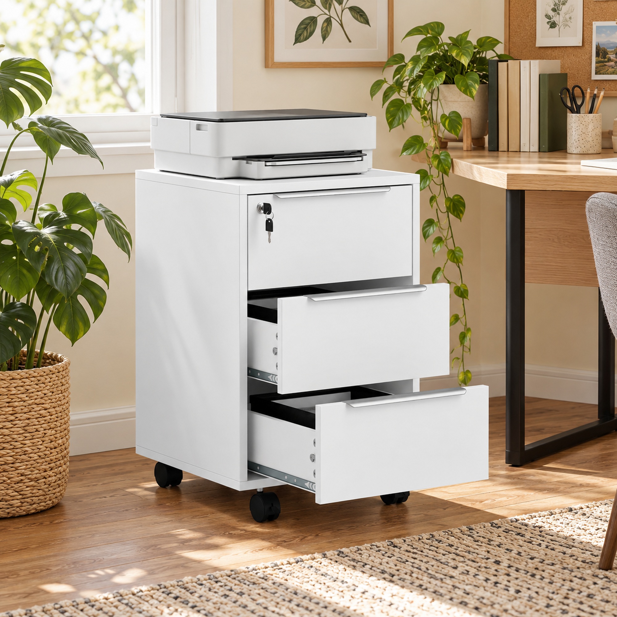 Caisson de Bureau Mobile 3 Tiroirs avec Serrure et Roulettes – Blanc - Image 9
