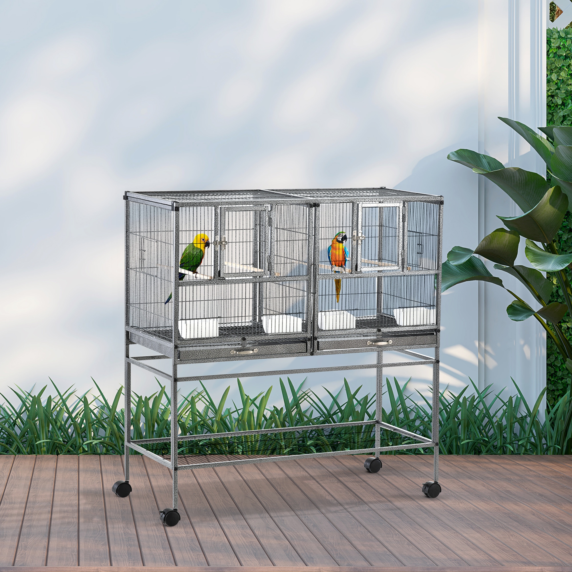 Volière pour Oiseaux PawHut – Double Cage Modulable sur Roulettes – Noir & Gris - Image 2