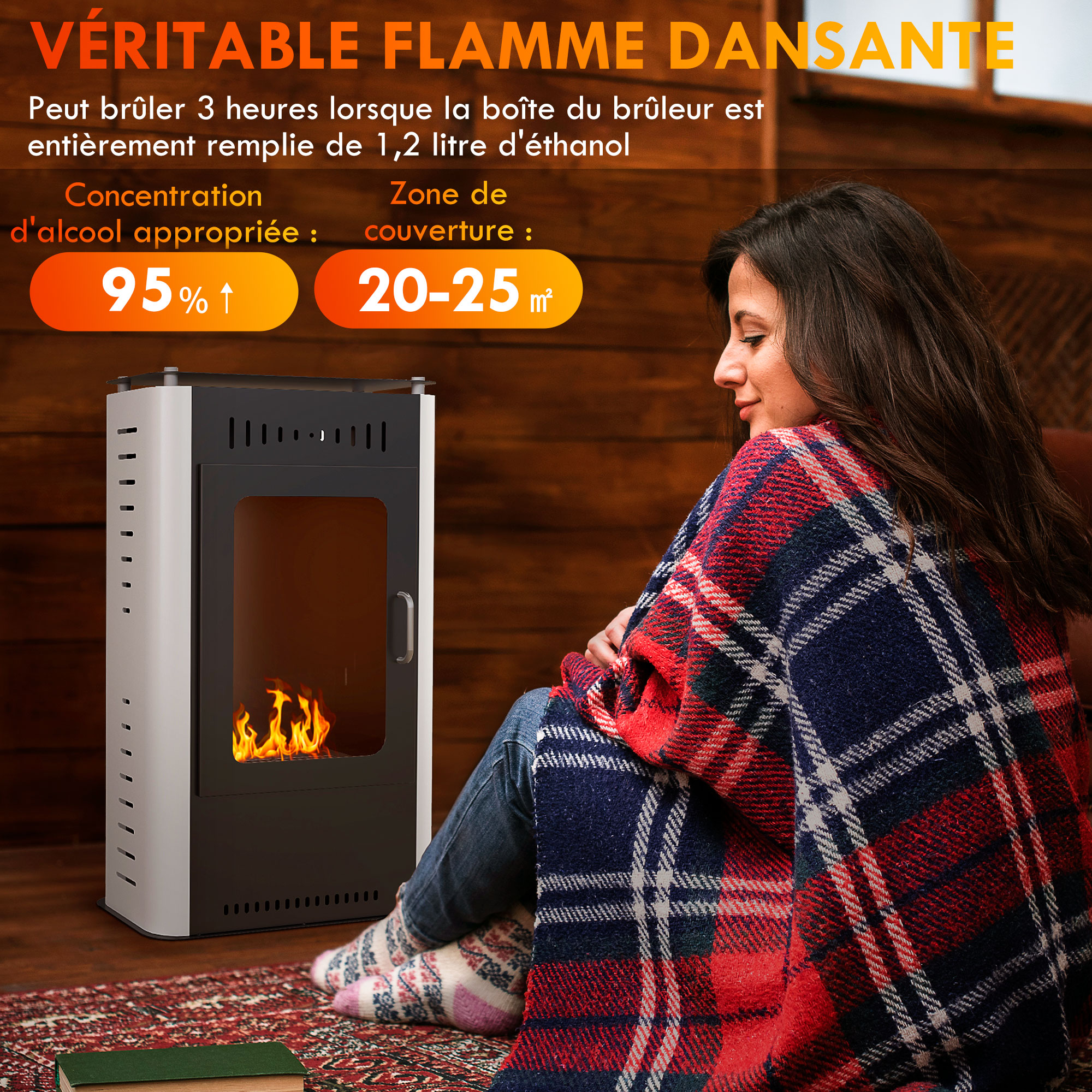 Poêle au Bioéthanol 1,2 L – Cheminée sur Pied 82 cm – Noir et Blanc - Afbeelding 4