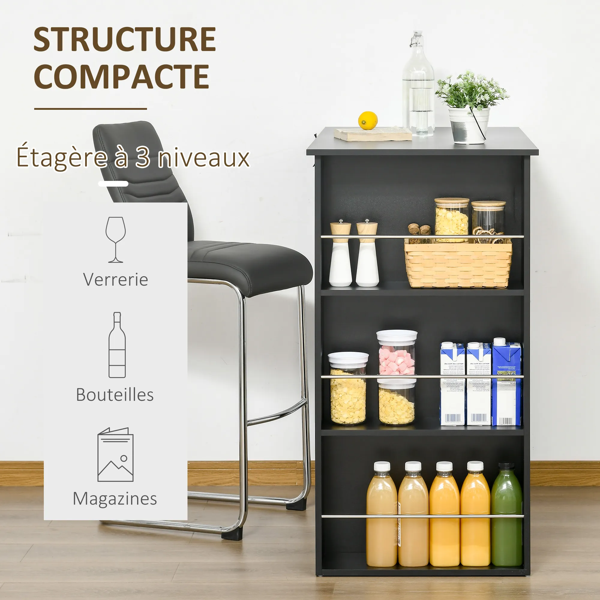 Table de bar haute noire 112 cm avec 3 étagères de rangement – Mange-debout pour cuisine et salon - Image 4