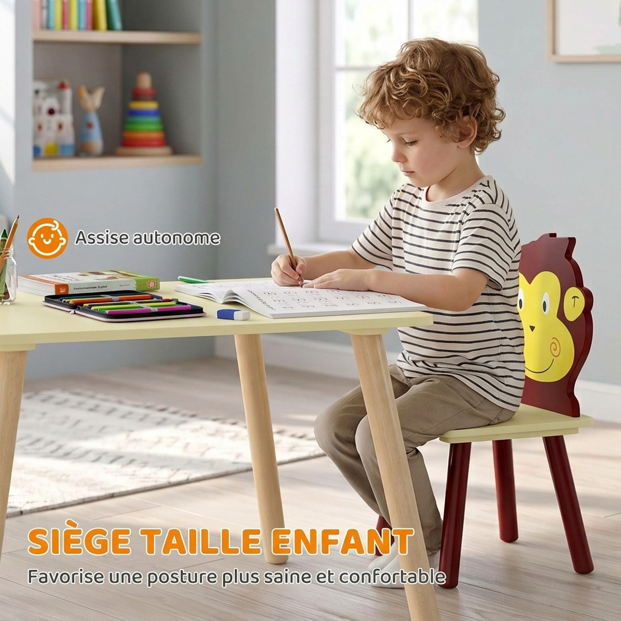 Table enfant avec 4 chaises animaux – Tigre, lion, singe et ours – Ensemble en bois coloré 3 à 8 ans - Image 6