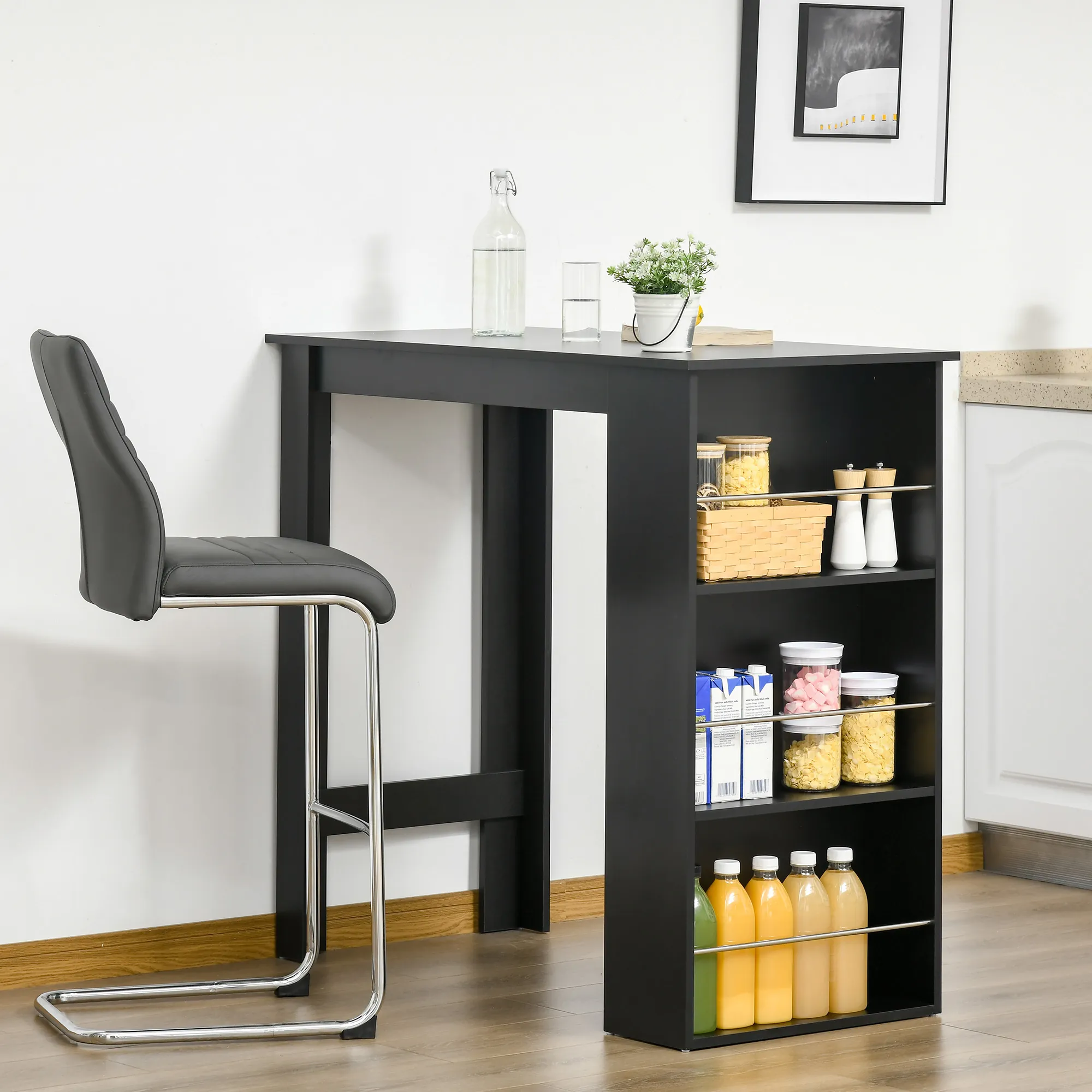 Table de bar haute noire 112 cm avec 3 étagères de rangement – Mange-debout pour cuisine et salon - Image 2