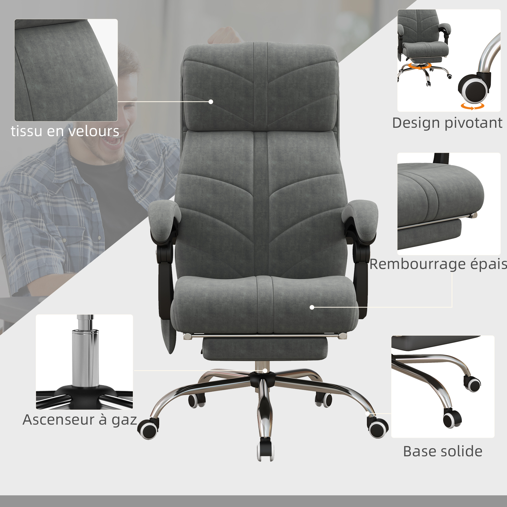 Fauteuil de Bureau Massant et Chauffant avec Repose-Pied – Gris - Image 7