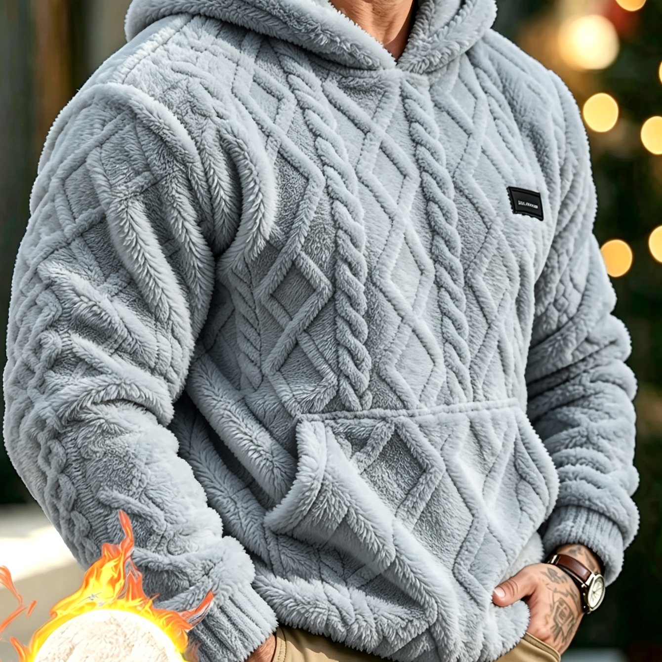 Sweat Homme à Capuche en Polaire Jacquard Double Face – Hiver - Gris-bleu