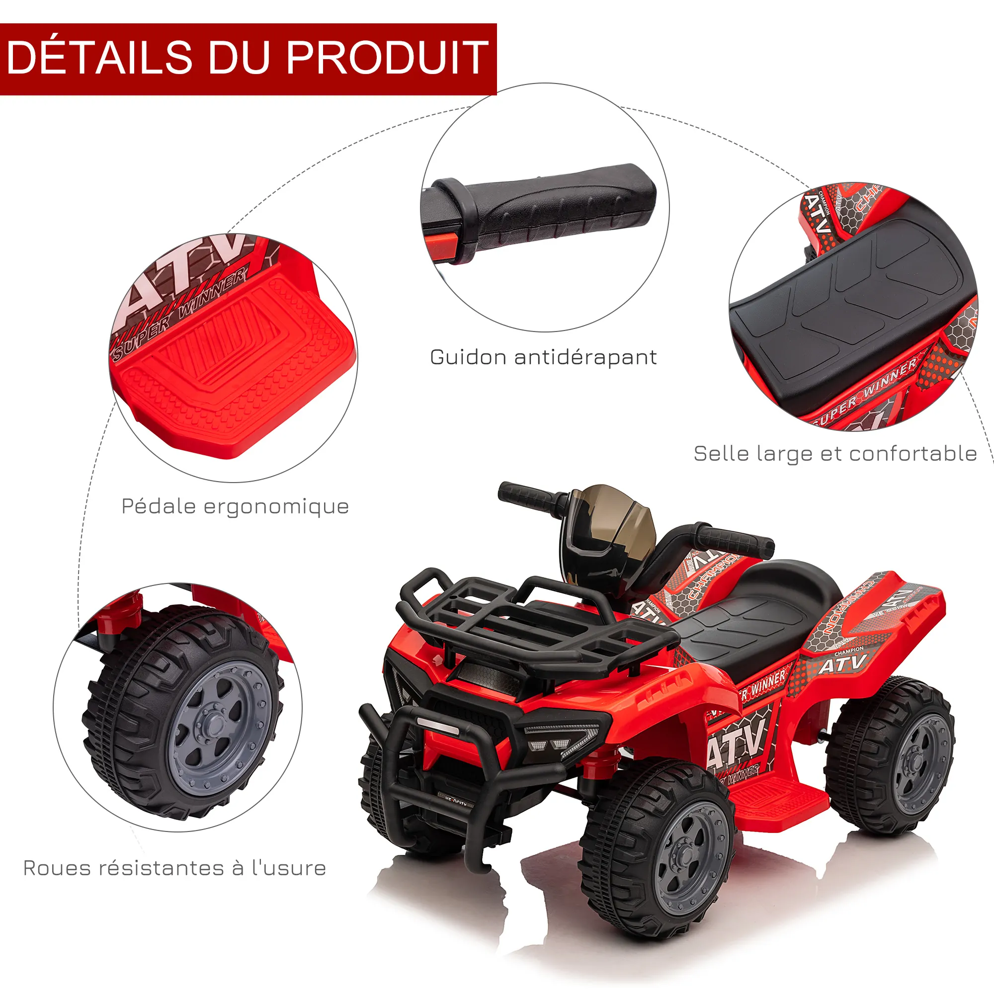 Quad Électrique Enfant Rouge 6 V – 18 à 36 Mois – 4 Roues – 2 km/h - Afbeelding 5