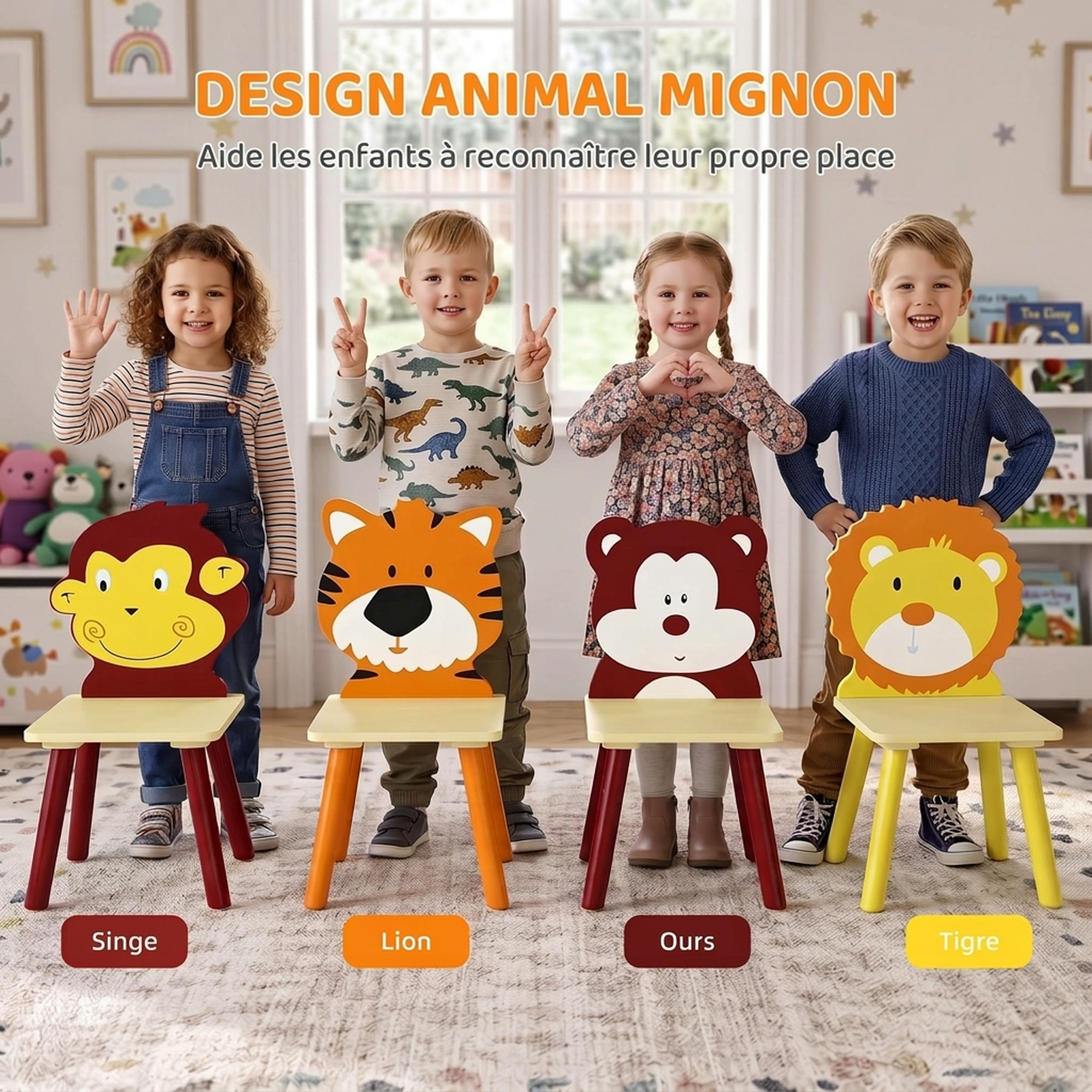 Table enfant avec 4 chaises animaux – Tigre, lion, singe et ours – Ensemble en bois coloré 3 à 8 ans - Image 5