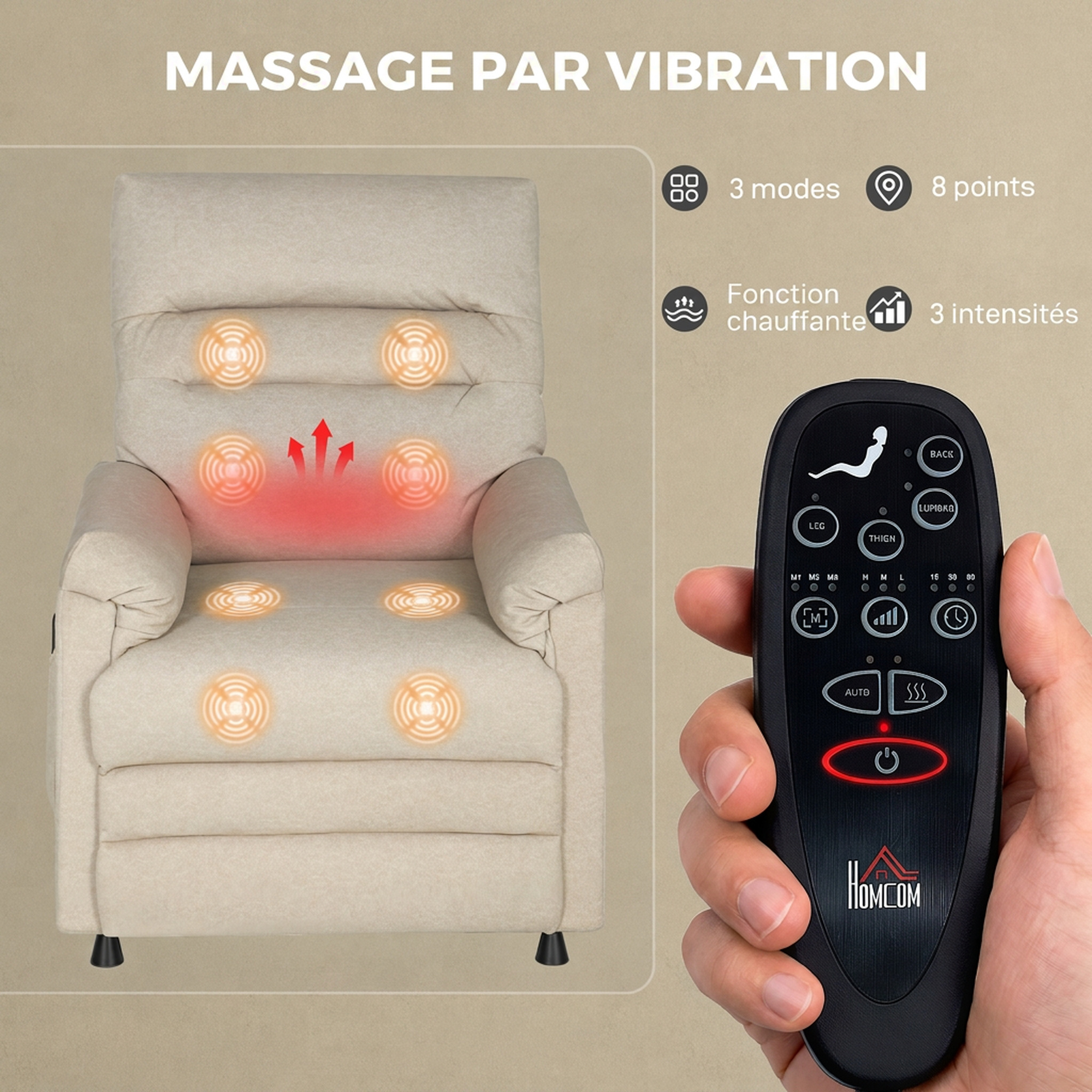 Fauteuil relax électrique massant beige – Inclinaison 150°, massage 8 points, chauffage lombaire et mémoire 2 positions – Bild 7