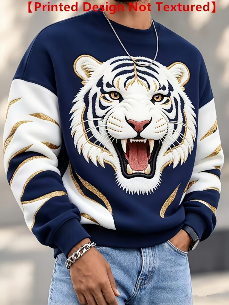 Sweat Homme Streetwear à Col Rond – Imprimé Tigre Blanc