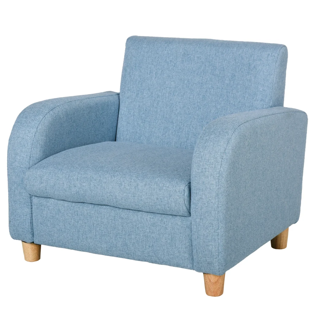 Fauteuil Enfant Scandinave Bleu – Pieds en Bois Massif – 3 à 8 Ans