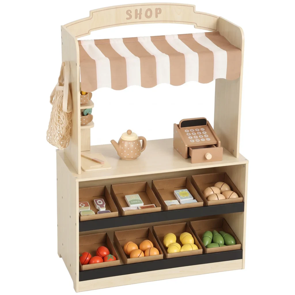 Marchande Enfants en Bois, Caisse Enregistreuse, Aliments Factices, Tableau à Craie et 61 Accessoires, pour 3 à 8 Ans