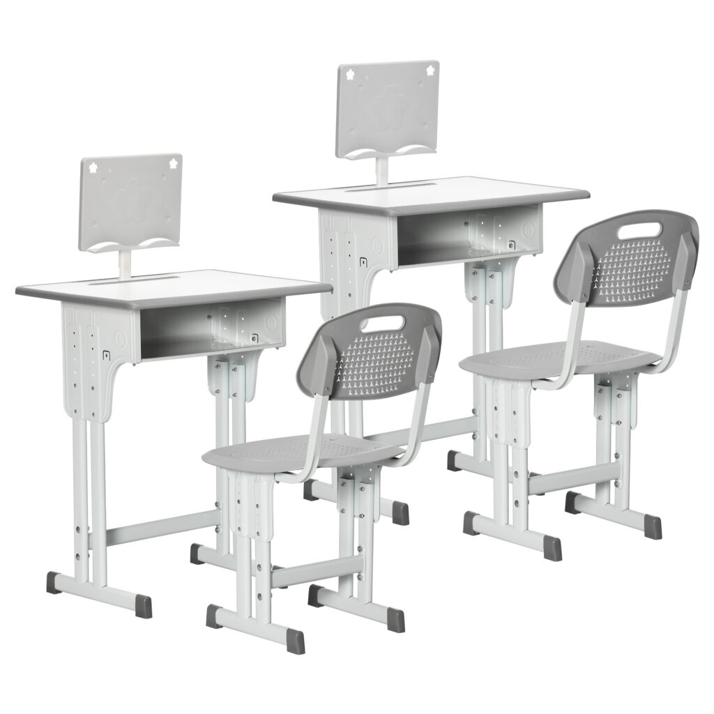 Ensemble Bureau et Chaise Enfant Réglables en Hauteur – Gris et Blanc – 6 à 12 Ans