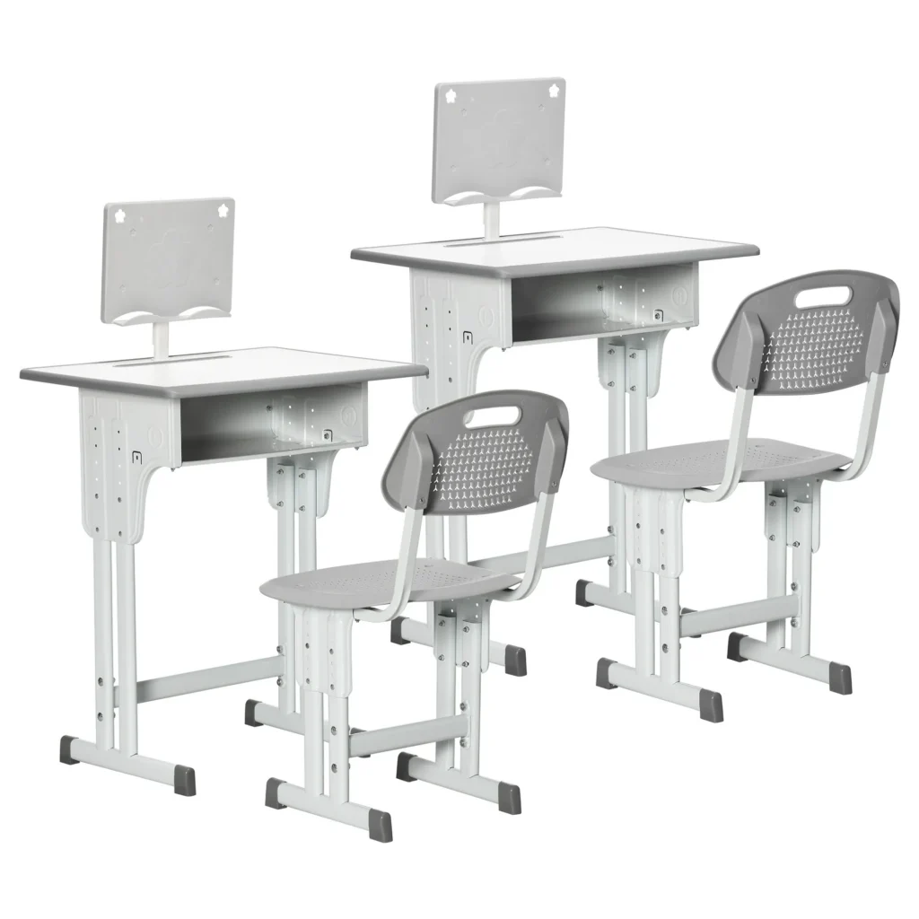Ensemble Bureau et Chaise Enfant Réglables en Hauteur – Gris et Blanc – 6 à 12 Ans