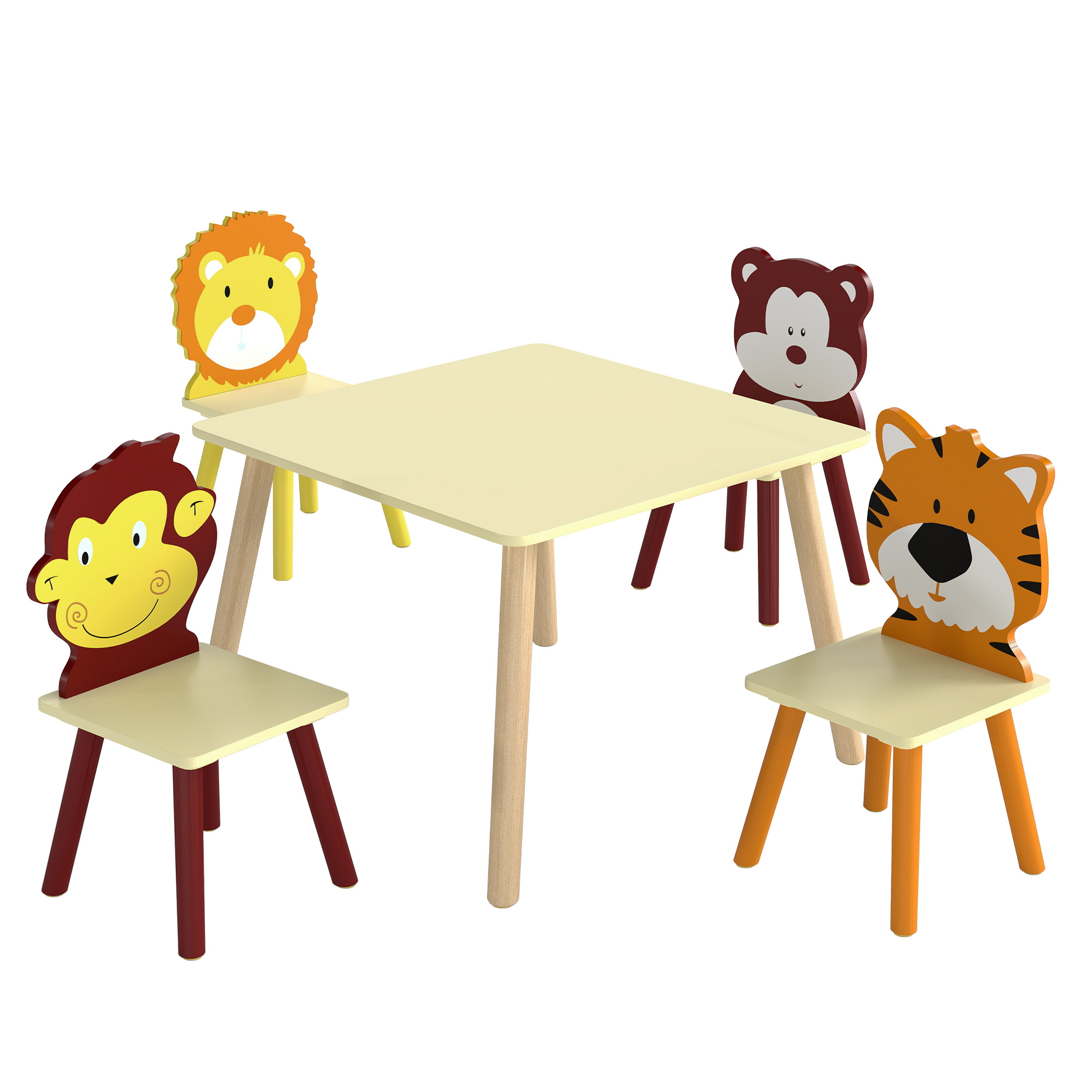 Table enfant avec 4 chaises animaux – Tigre, lion, singe et ours – Ensemble en bois coloré 3 à 8 ans