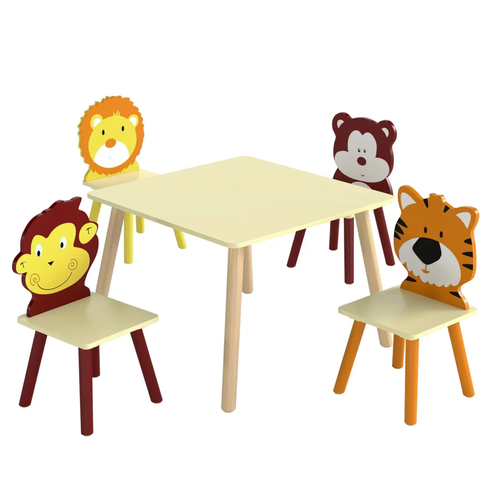 Table enfant avec 4 chaises animaux – Tigre, lion, singe et ours – Ensemble en bois coloré 3 à 8 ans