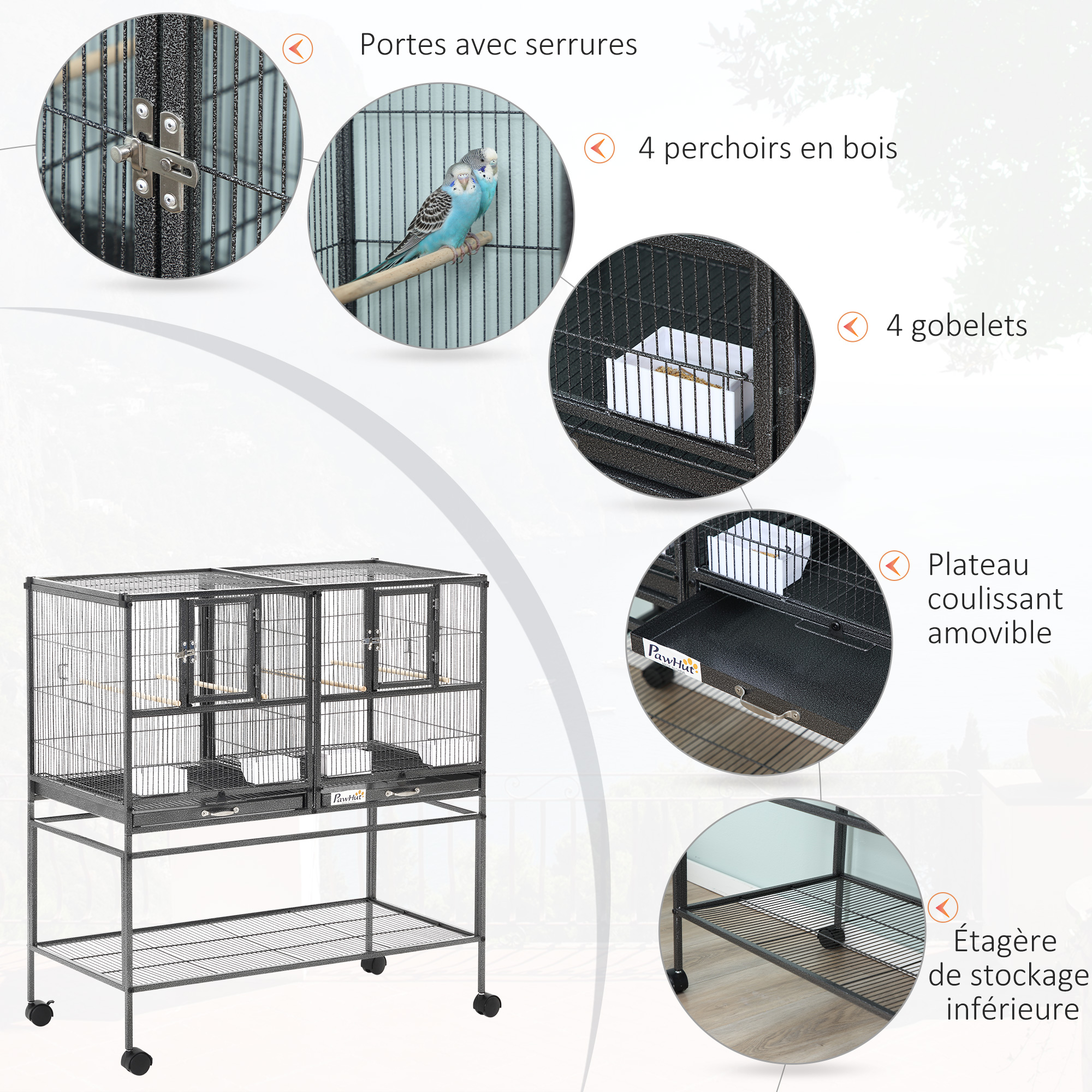 Volière pour Oiseaux PawHut – Double Cage Modulable sur Roulettes – Noir & Gris - Image 4