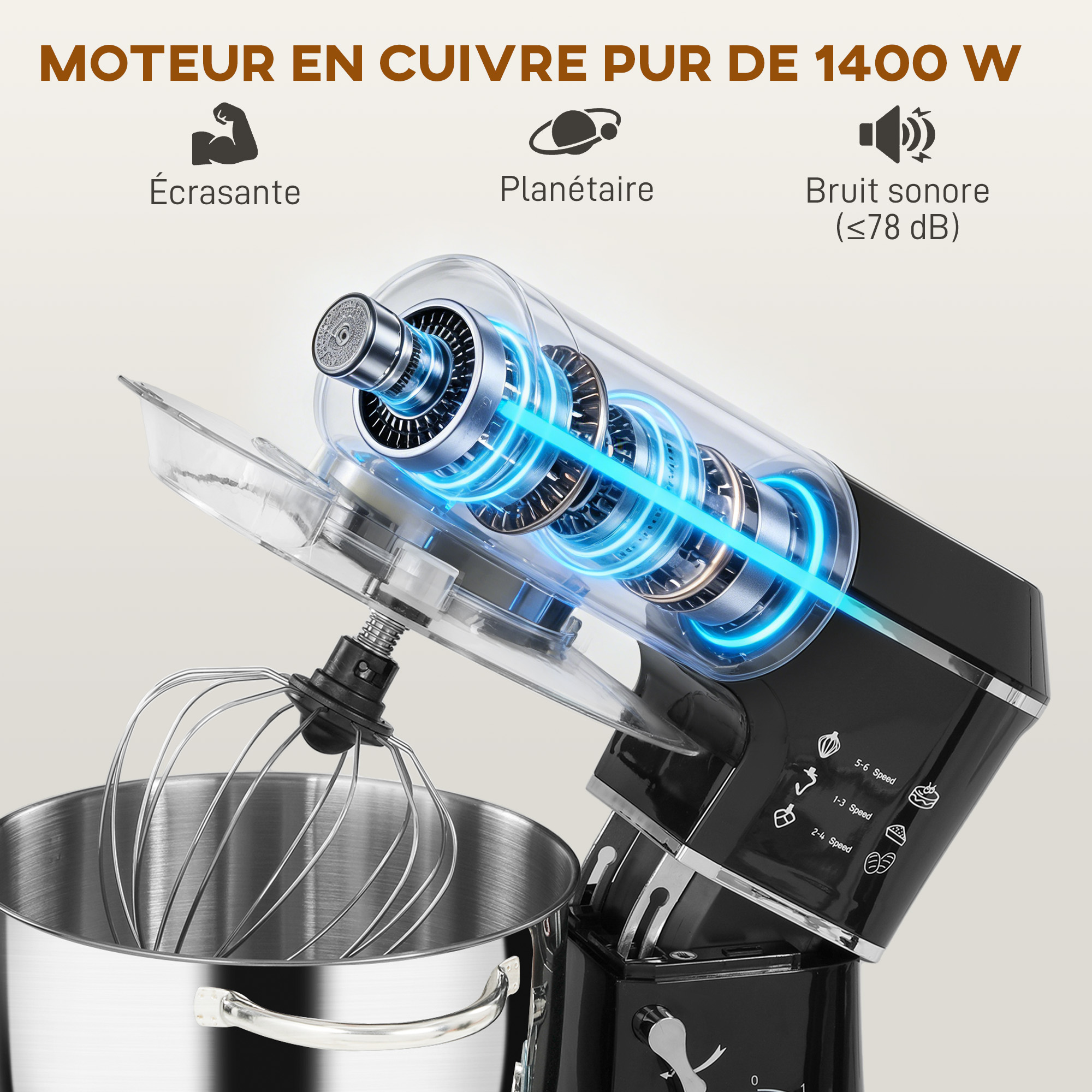 Robot Pâtissier 1400 W – Bol Inox 7 L, 6 Vitesses & Accessoires – Noir - Image 4