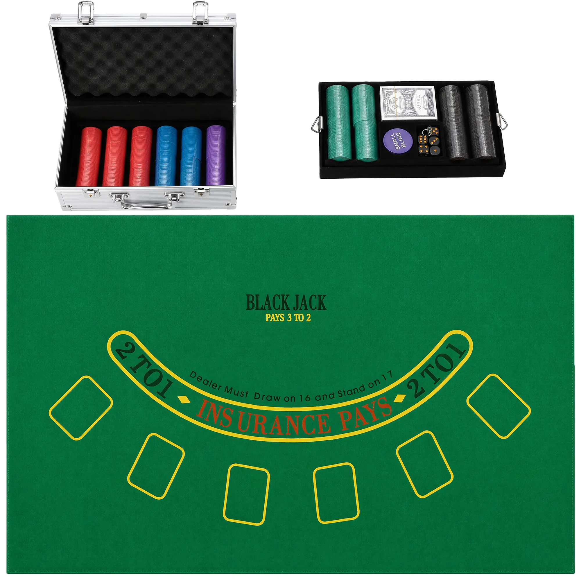 Mallette de poker argentée 500 jetons numérotés – Tapis 90 × 60 cm, cartes, dés et accessoires