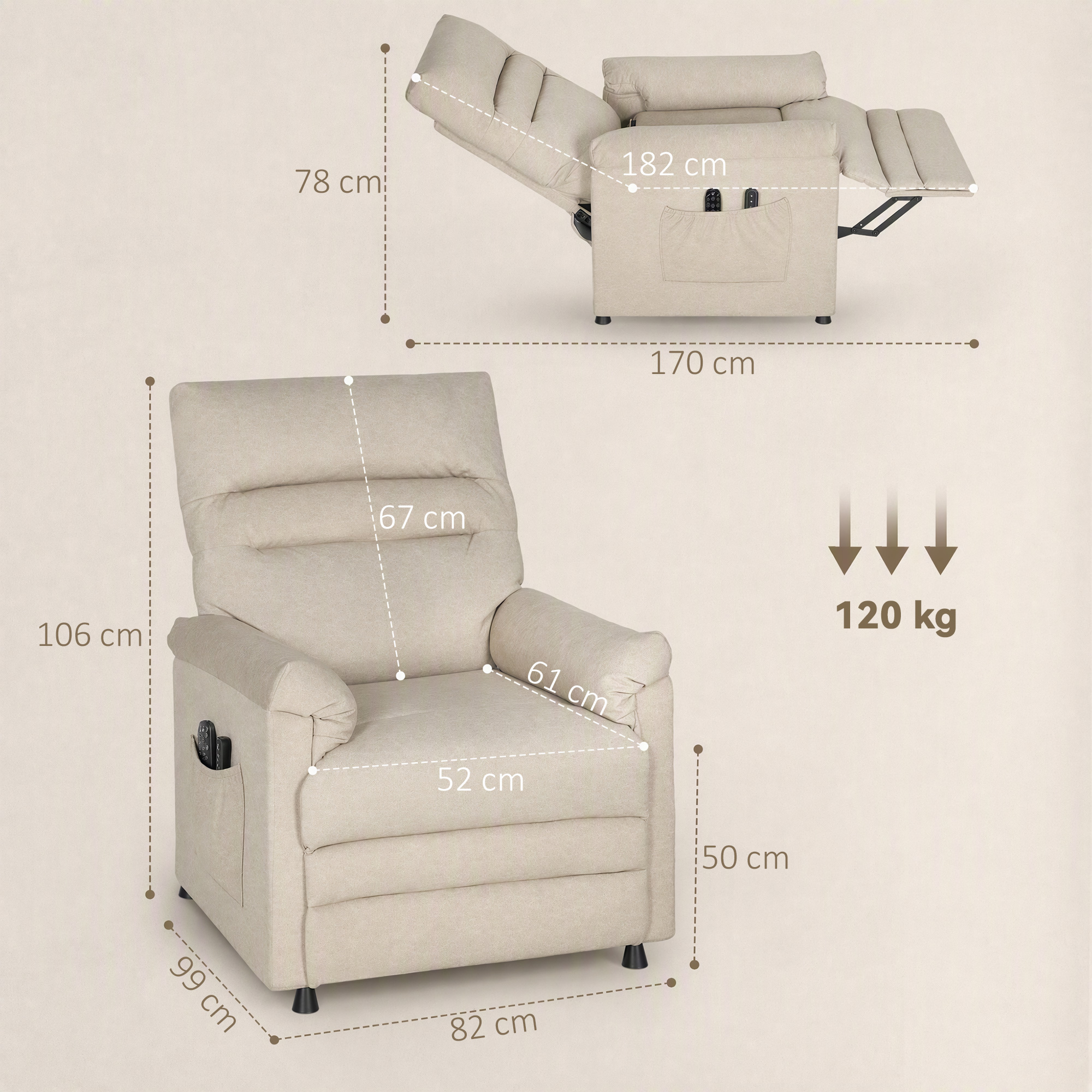 Fauteuil relax électrique massant beige – Inclinaison 150°, massage 8 points, chauffage lombaire et mémoire 2 positions – Bild 3