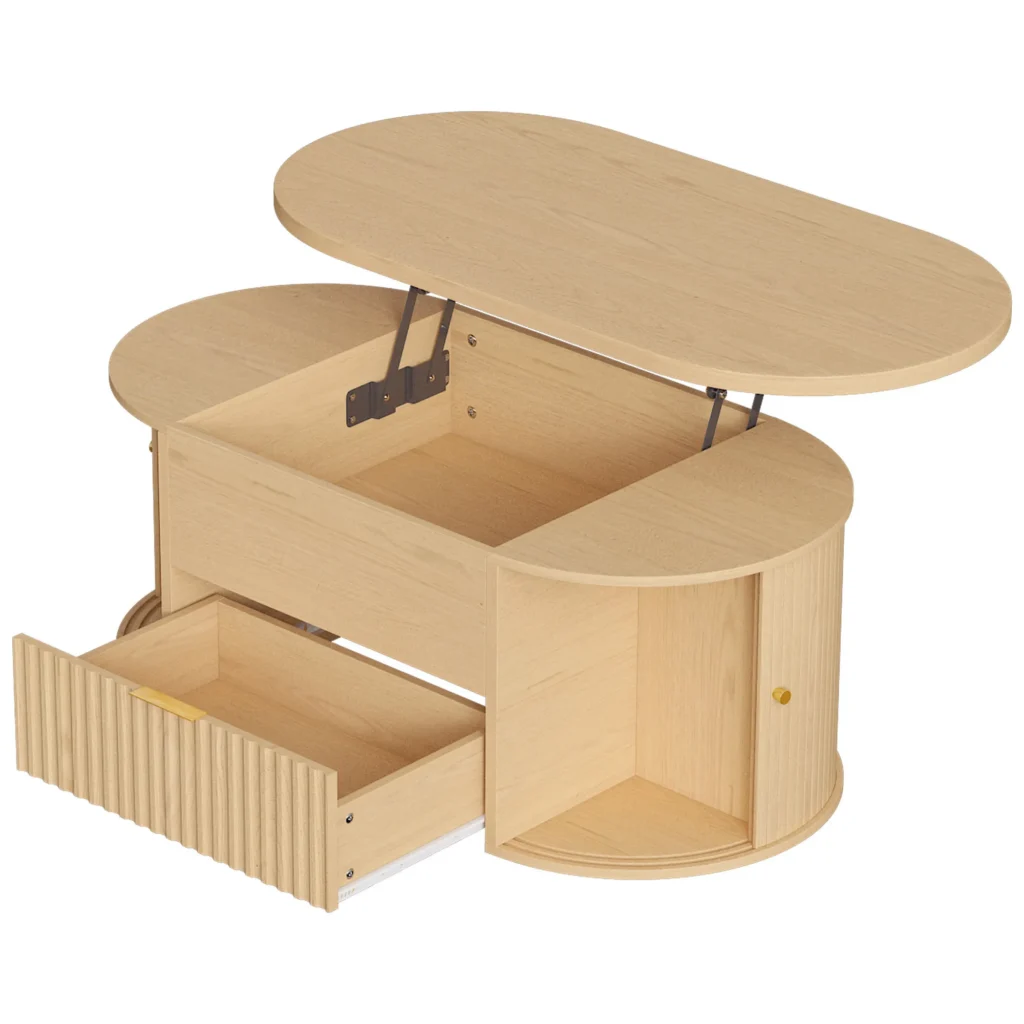 Table Basse Relevable Ovale avec Rangements et Portes Coulissantes – 100 cm – Chêne