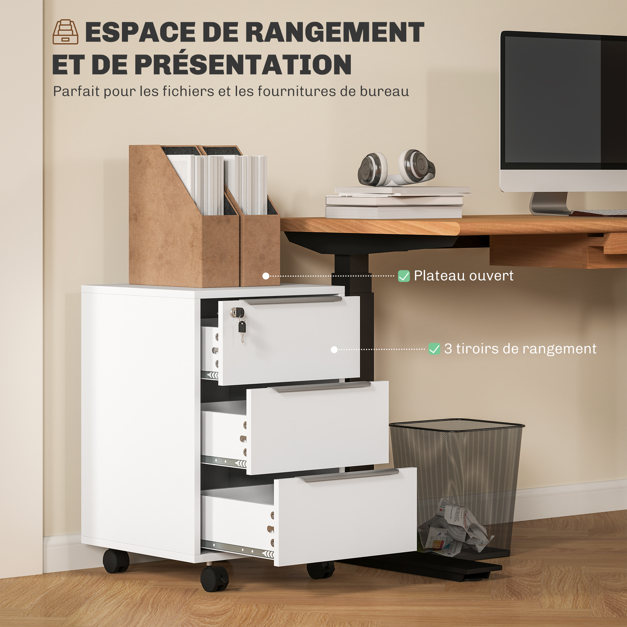 Caisson de Bureau Mobile 3 Tiroirs avec Serrure et Roulettes – Blanc - Image 4