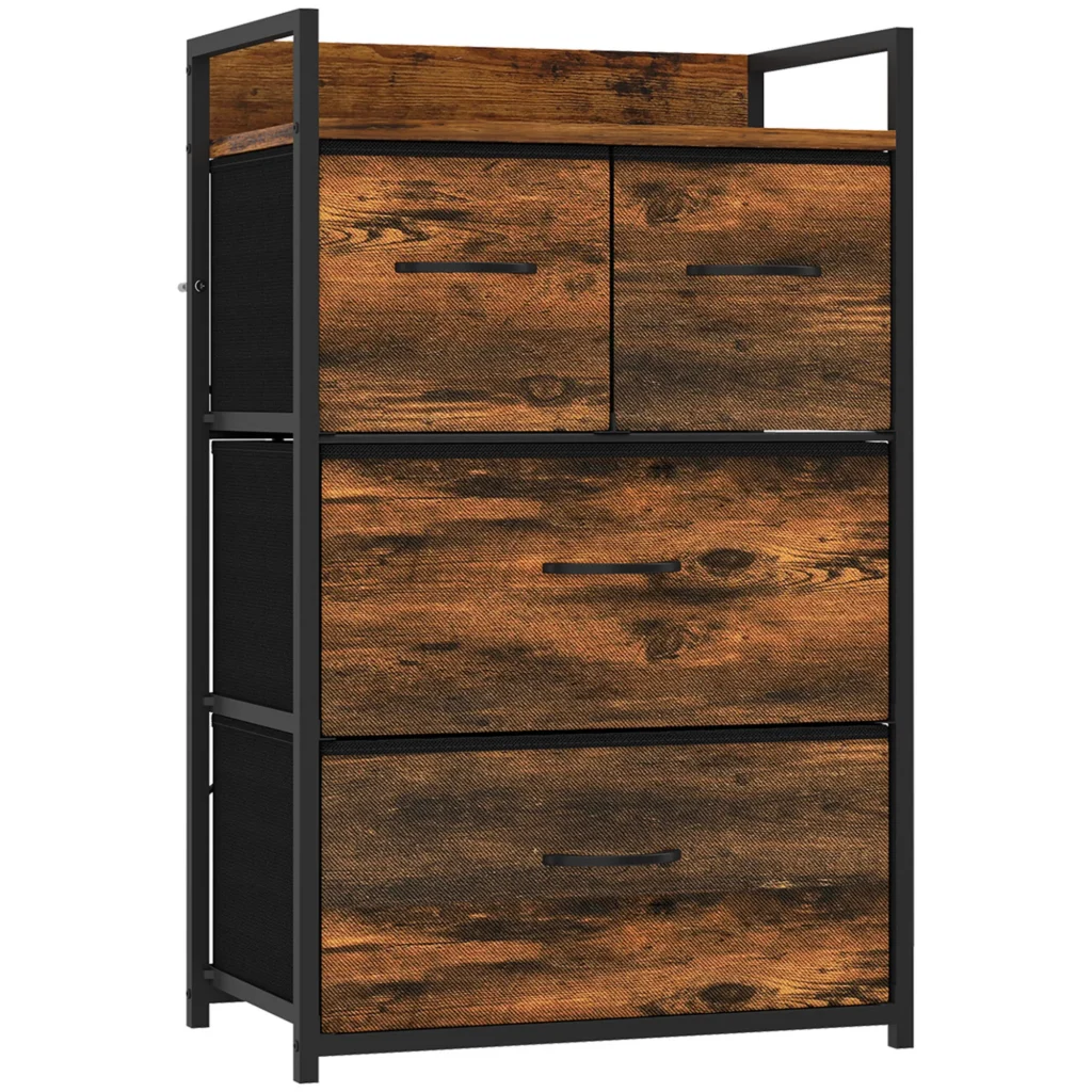 Commode 4 Tiroirs en Tissu avec Structure Acier – Brun Rustique & Noir