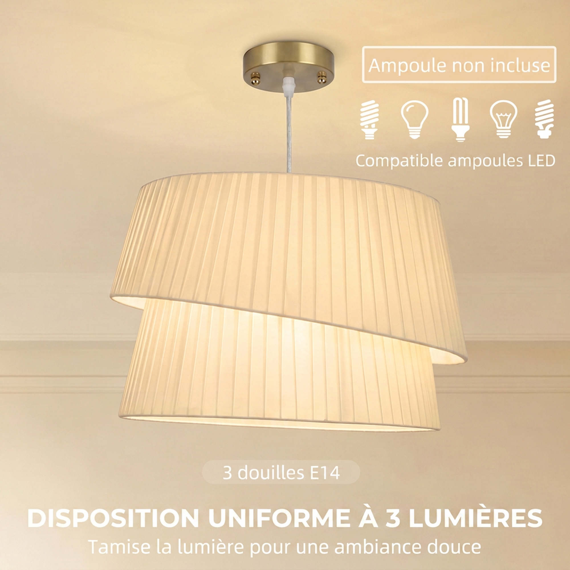 Suspension Luminaire Élégante à Double Abat-Jour, Rosace Dorée, Câble Réglable, Ampoule Non Incluse E14 40 W, Blanc - Image 5
