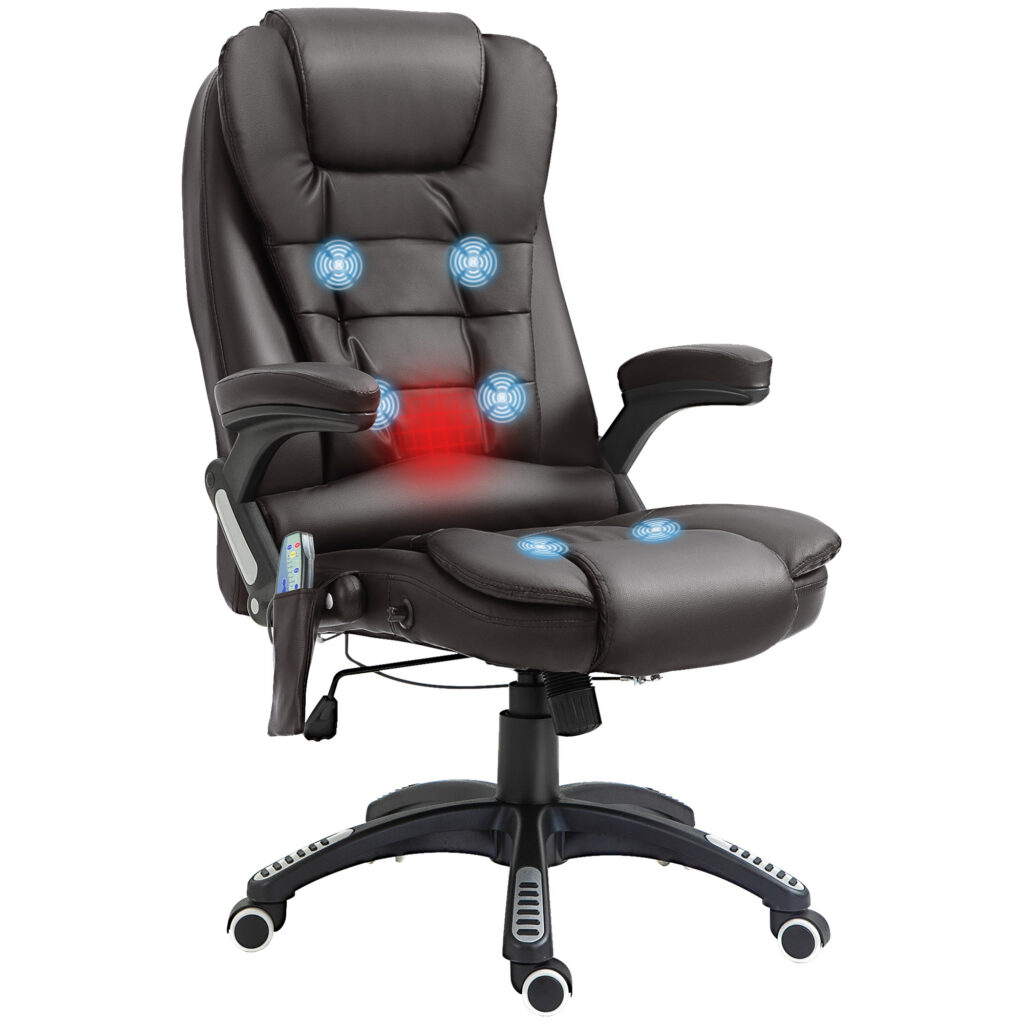 Fauteuil de Bureau Massant et Chauffant 6 Points, Inclinable 135° – Brun