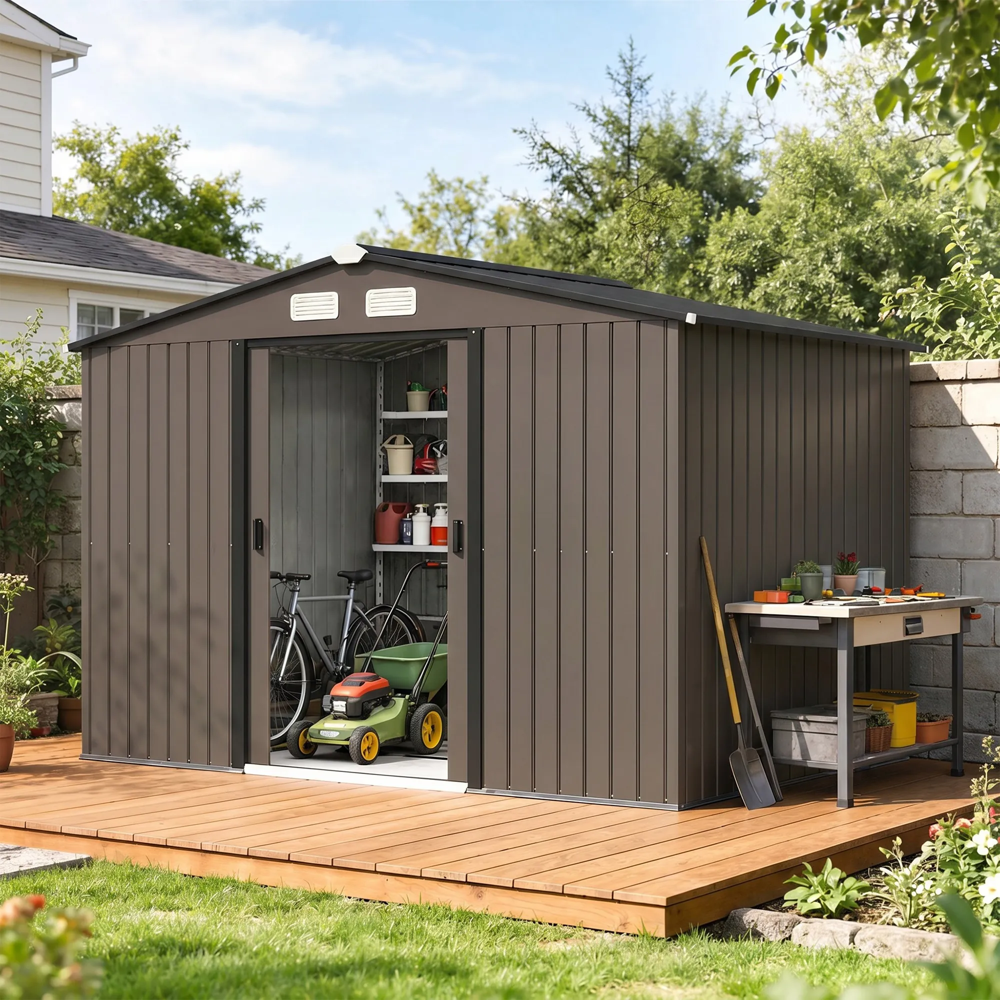 Abri de jardin en métal galvanisé 5,4 m² – Double porte coulissante, ventilation et kit de fondation – Marron – Bild 2