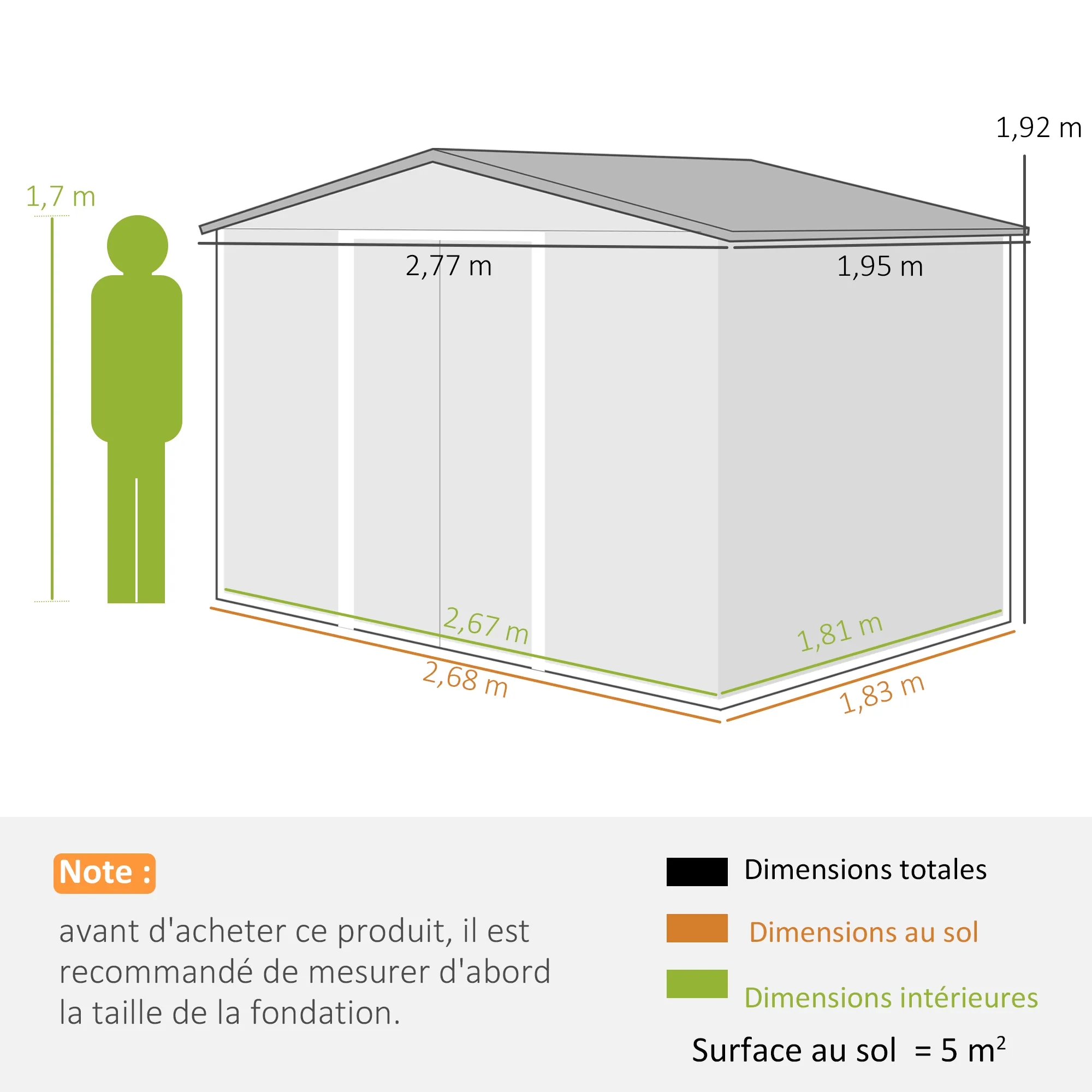 Abri de jardin en métal galvanisé 5,4 m² – Double porte coulissante, ventilation et kit de fondation – Marron – Bild 3
