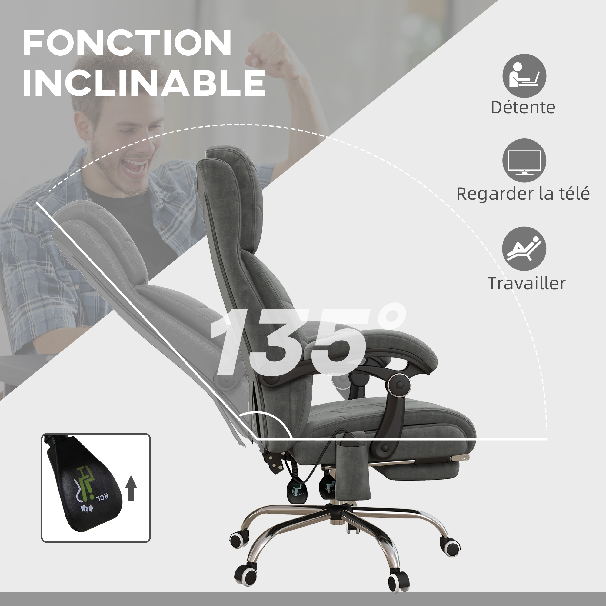 Fauteuil de Bureau Massant et Chauffant avec Repose-Pied – Gris - Image 6