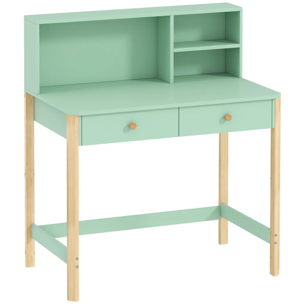 Bureau Enfant 90 cm mit 2 Schubladen und Ablageflächen – Grün und Naturholz