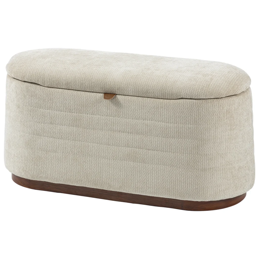 Banc de Rangement Ovale Moderne en Tissu Chenille, Bout de Lit Coffre Charge 220 kg, 91 x 40,5 x 45 cm, Beige