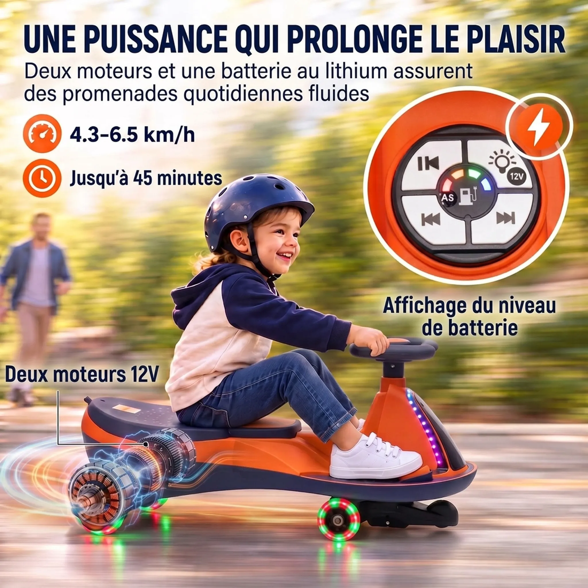 Voiture Électrique Enfant 2-en-1 12 V avec Lumières RGB & Musique – Orange - Image 5