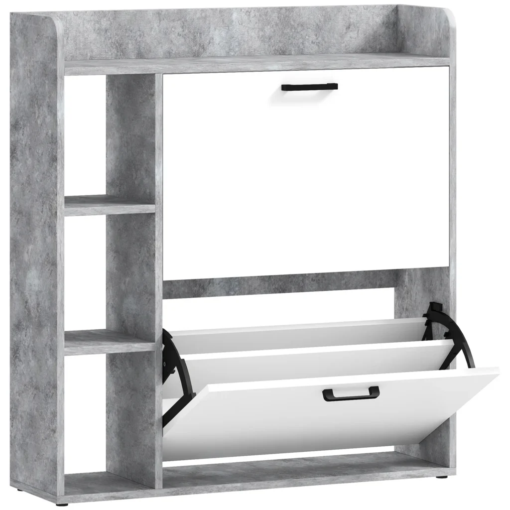 Meuble à Chaussures 15 Paires – 2 Tiroirs Basculants & Rangements – Blanc et Gris