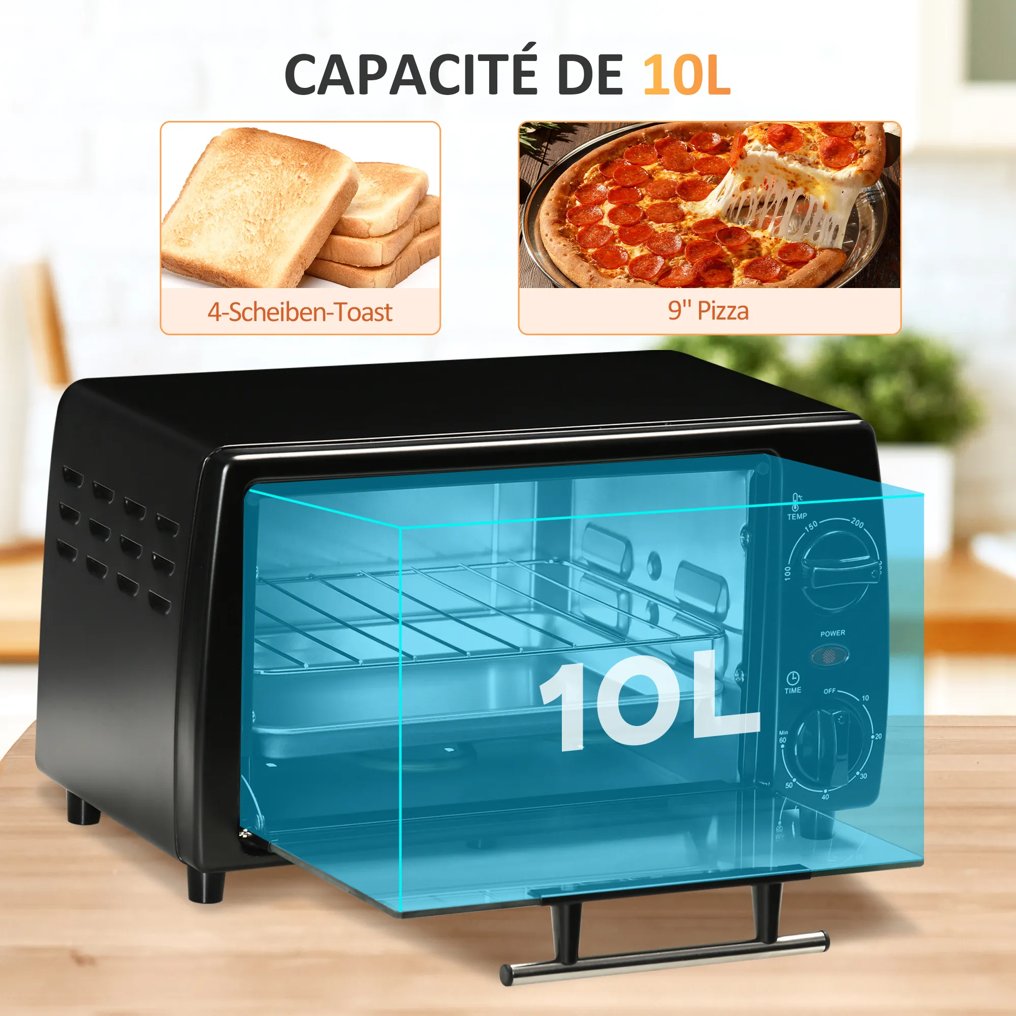 Mini-Four Électrique 10 L – 750 W, Minuterie 60 Min & Grille Réglable – Noir - Image 4