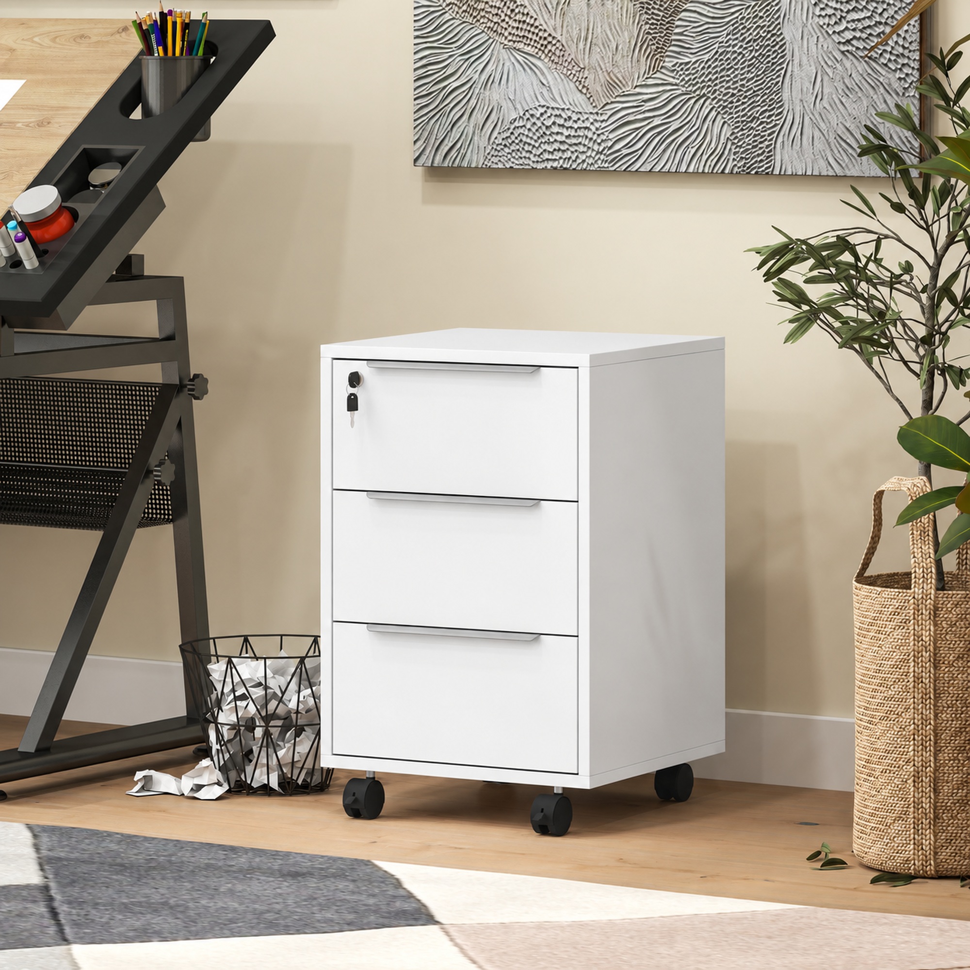 Caisson de Bureau Mobile 3 Tiroirs avec Serrure et Roulettes – Blanc - Image 2