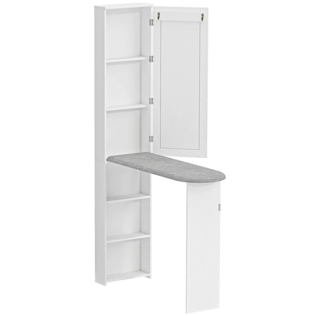 Armoire à repasser pliable avec miroir et rangements – Planche intégrée, profondeur 18 cm – Blanc
