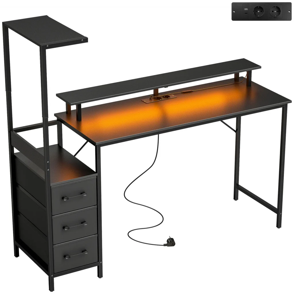 Bureau Gaming 147 x 47 cm, Éclairage RGB, Prises et Ports USB, Support pour Unité Centrale Réglable et Réversible, Noir