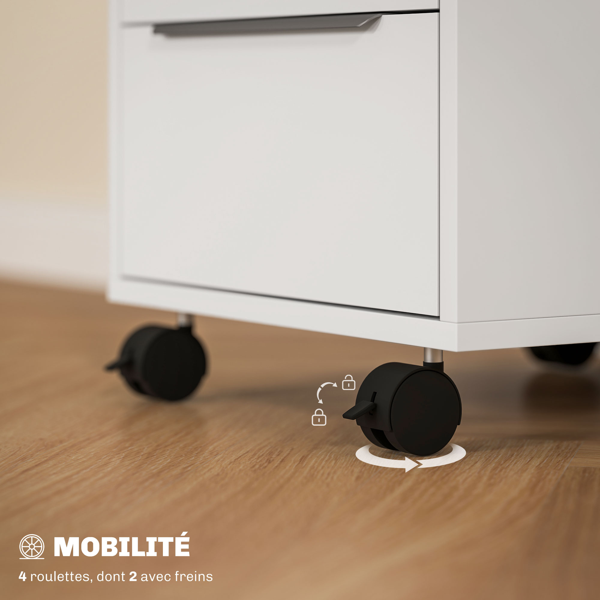 Caisson de Bureau Mobile 3 Tiroirs avec Serrure et Roulettes – Blanc - Image 5