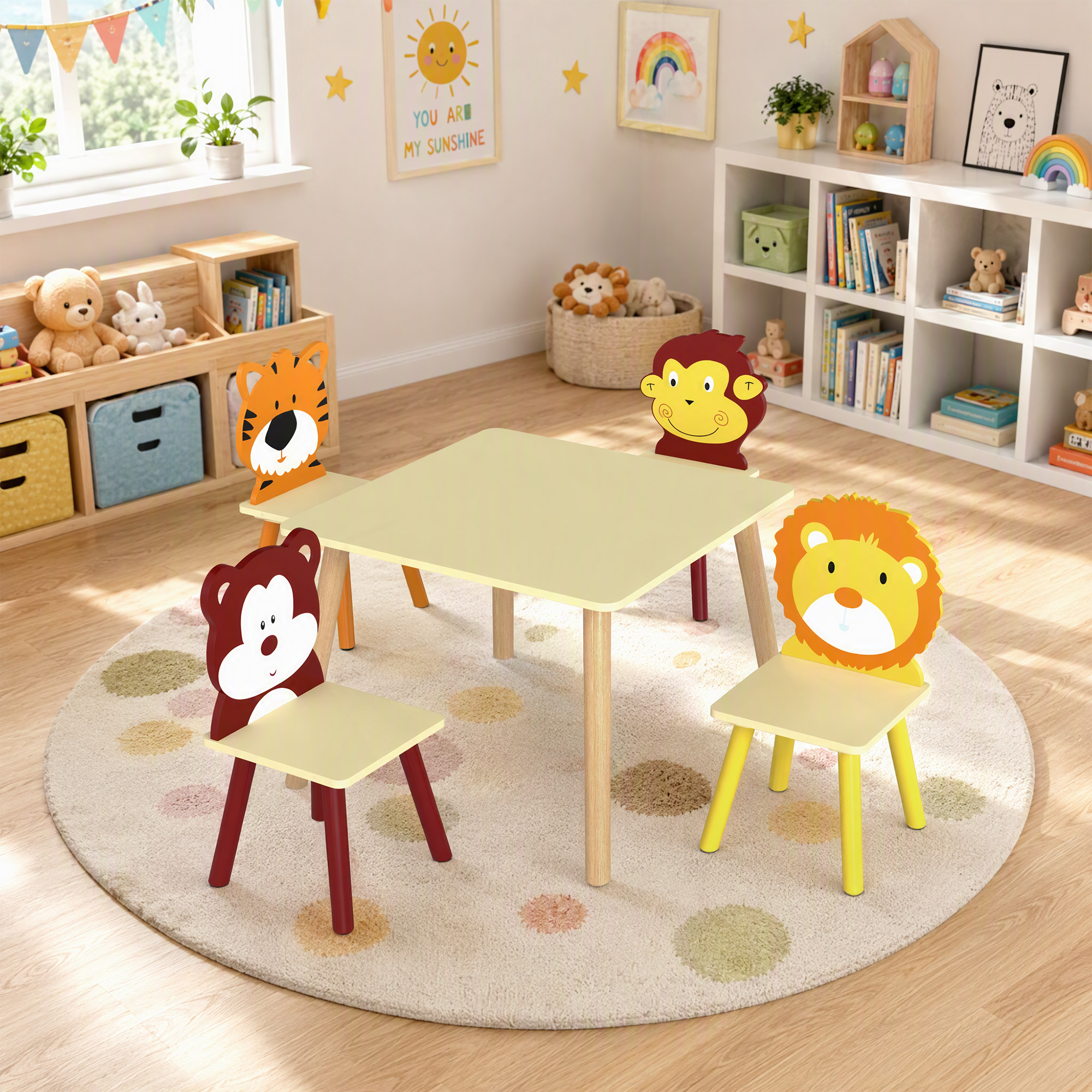 Table enfant avec 4 chaises animaux – Tigre, lion, singe et ours – Ensemble en bois coloré 3 à 8 ans - Image 2