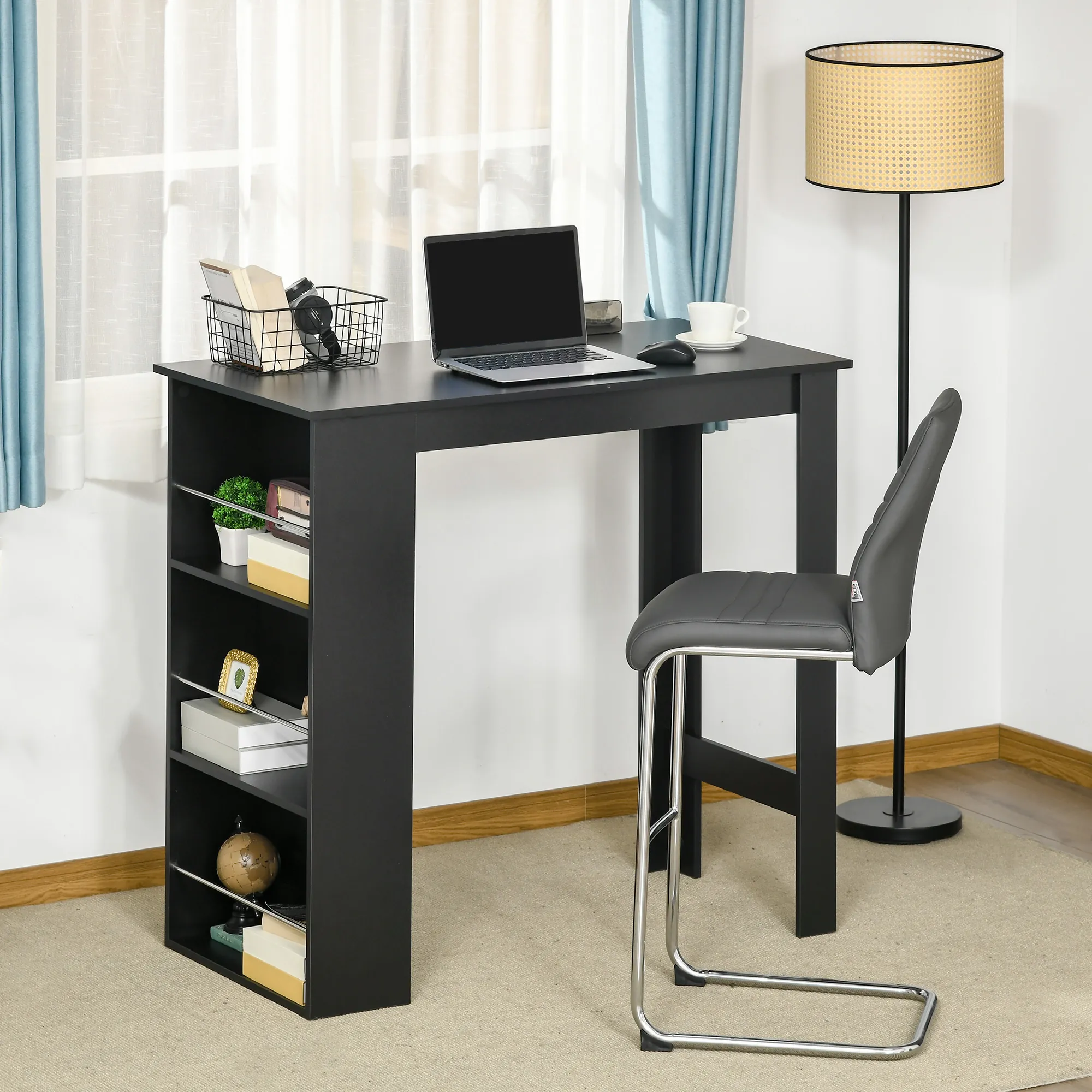 Table de bar haute noire 112 cm avec 3 étagères de rangement – Mange-debout pour cuisine et salon - Image 10