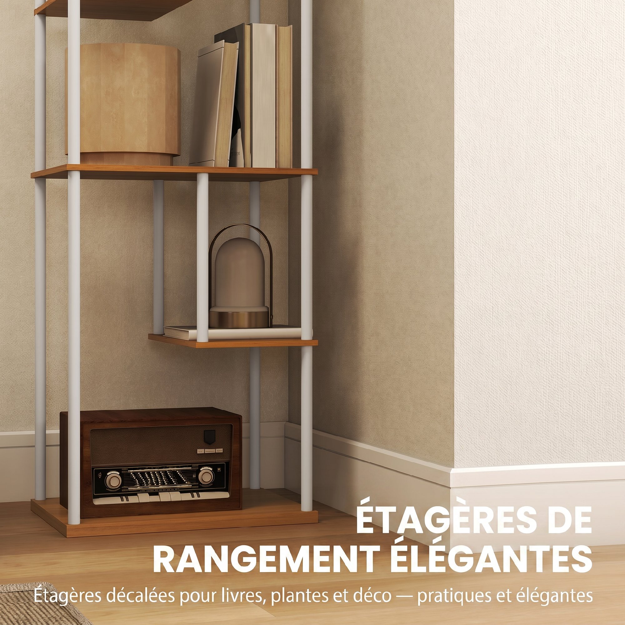 Lampadaire avec étagères, lampadaire sur pied de salon dimmable, télécommande, 40 x 29 x 171 cm, bois naturel - Image 6