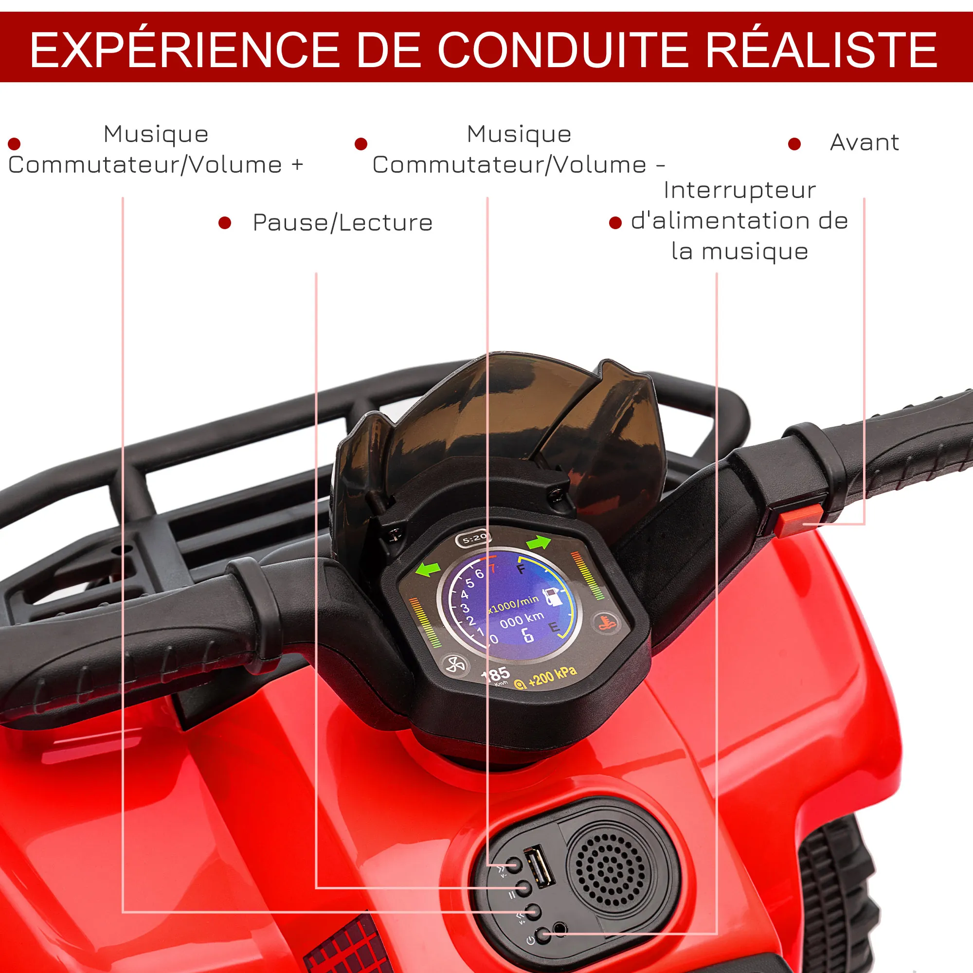 Quad Électrique Enfant Rouge 6 V – 18 à 36 Mois – 4 Roues – 2 km/h - Afbeelding 6