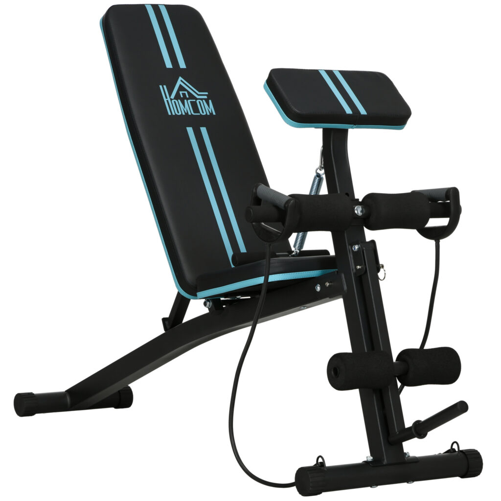 Banc de musculation pliable multifonction – Dossier réglable 7 positions, pupitre à biceps et sangles – Noir et bleu