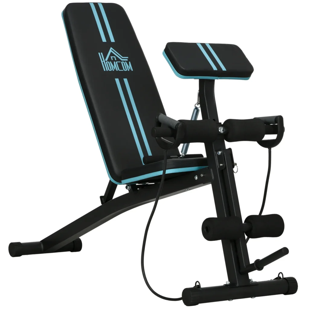 Banc de musculation pliable multifonction – Dossier réglable 7 positions, pupitre à biceps et sangles – Noir et bleu