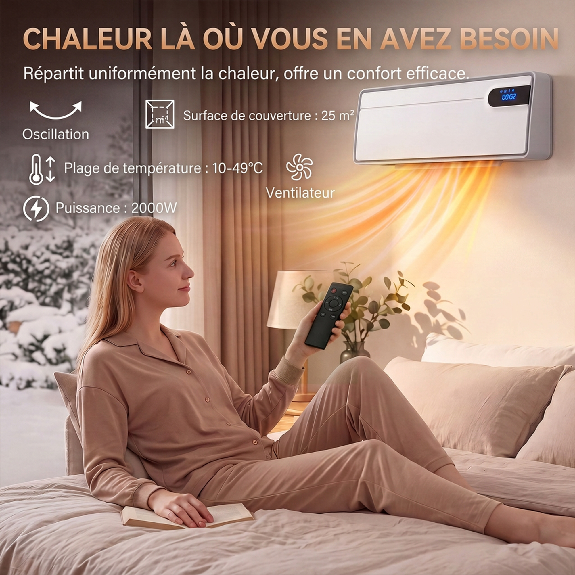 Chauffage soufflant mural connecté Wi-Fi 2000 W – Céramique PTC, Tuya, Alexa, Google Assistant et télécommande – Blanc – Bild 4