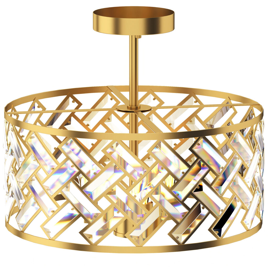 Plafonnier doré avec 76 cristaux – Luminaire élégant 3 ampoules E14, Ø 39 cm – Salon et chambre