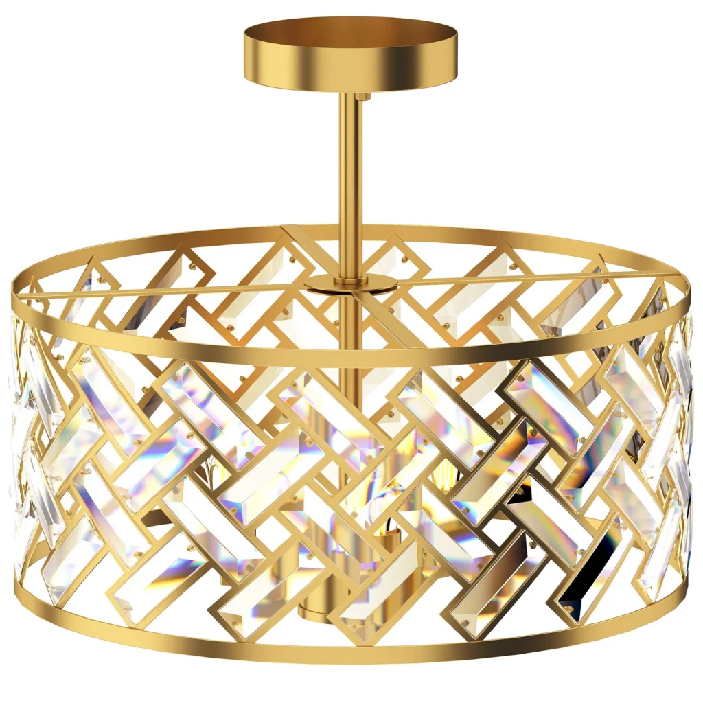 Plafonnier doré avec 76 cristaux – Luminaire élégant 3 ampoules E14, Ø 39 cm – Salon et chambre